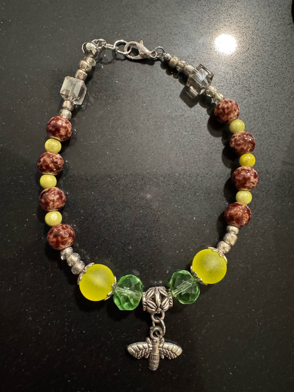 Handmade Green & Brown Beaded Bracelet with Yellow Accents and Bee Charm